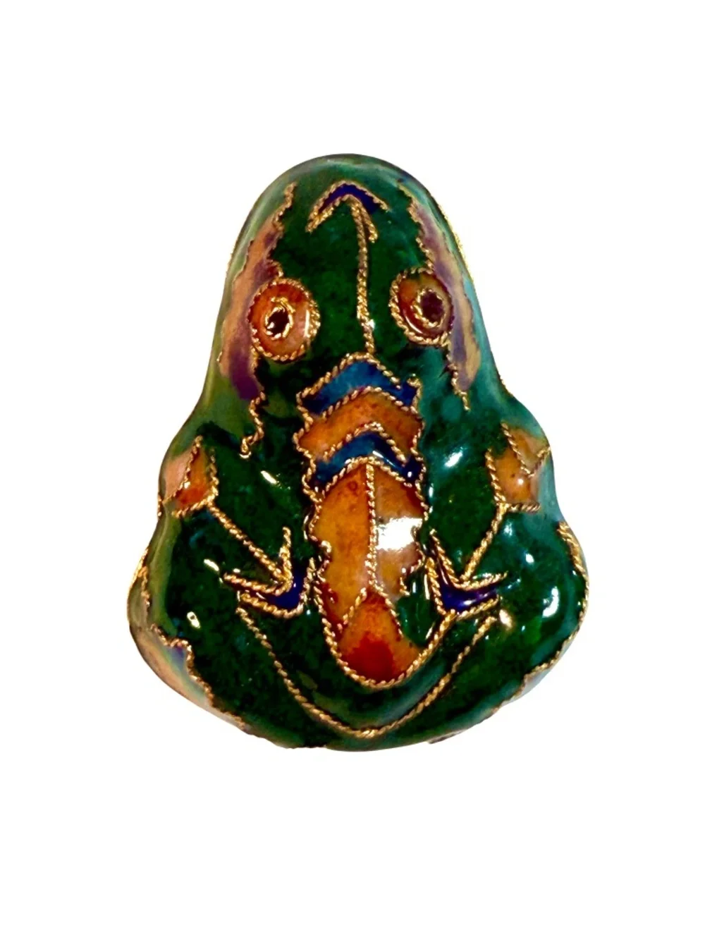 Vintage Cloisonne Green Enamel Frog Trinket Box, Blue Flower on Underside